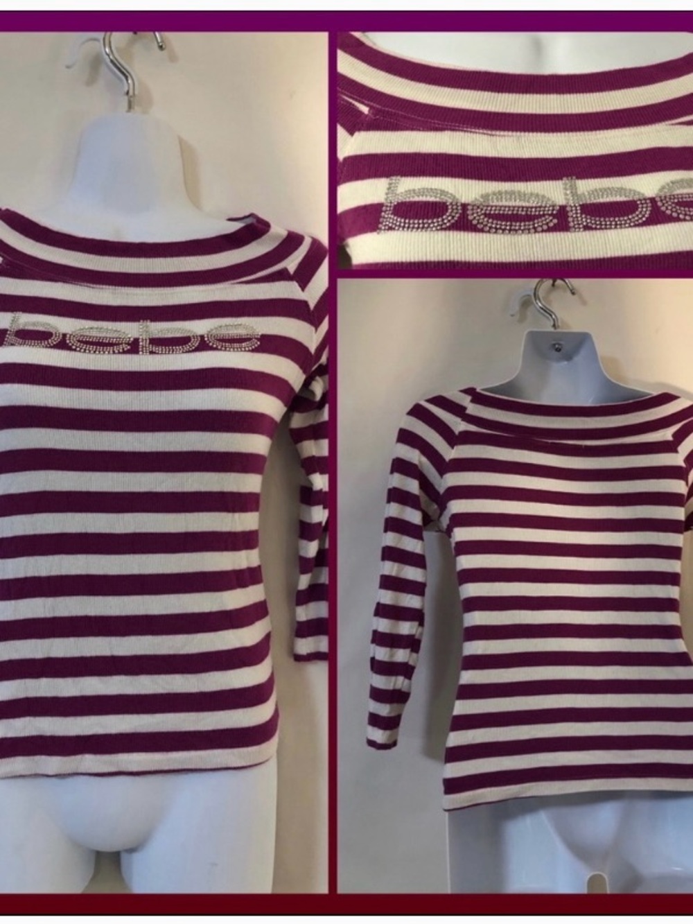 bebe Striped Boatneck Sweater in Plum and White with Rhinestone Logo